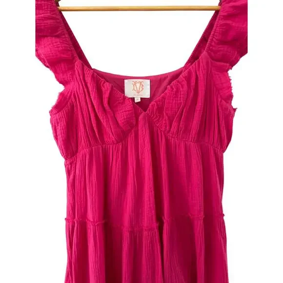 Victoria Dunn Folly Gauzy Pink Tiered Ruffled Sleeve Maxi Dress Size‎ Medium